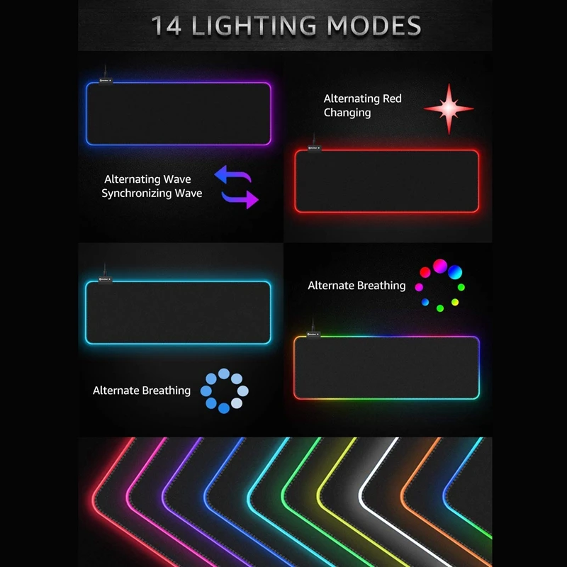 Игровой коврик для мыши RGB большой мягкий светодиодный с 14 режимами освещения и 2