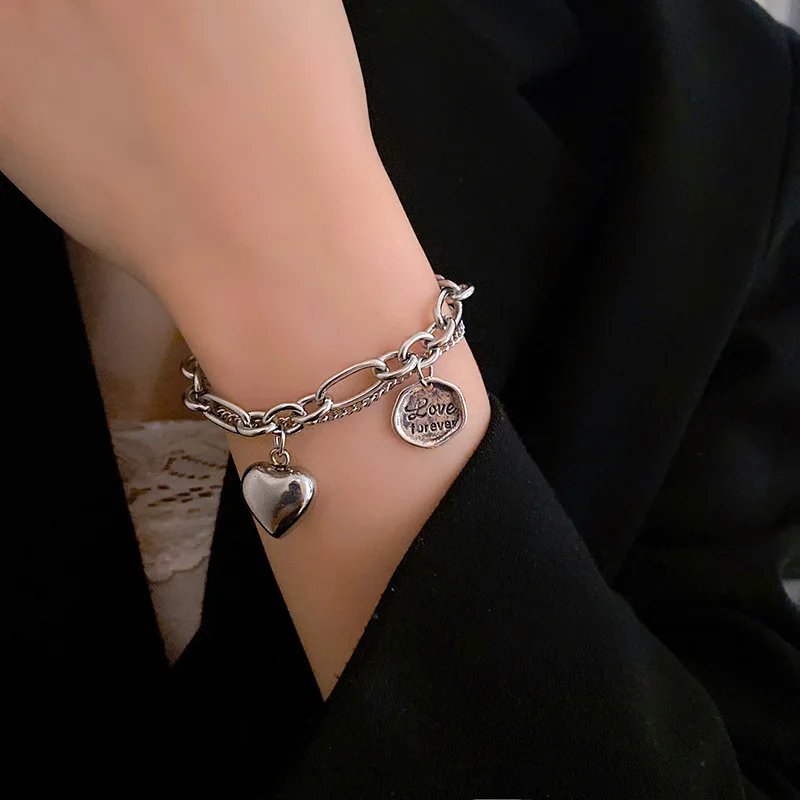 

Origin Summer Hiphop Double-Layer Love Heart Bracelets for Women Girls Chunky Chain Letter Circle Metal Bracelets Jewelry