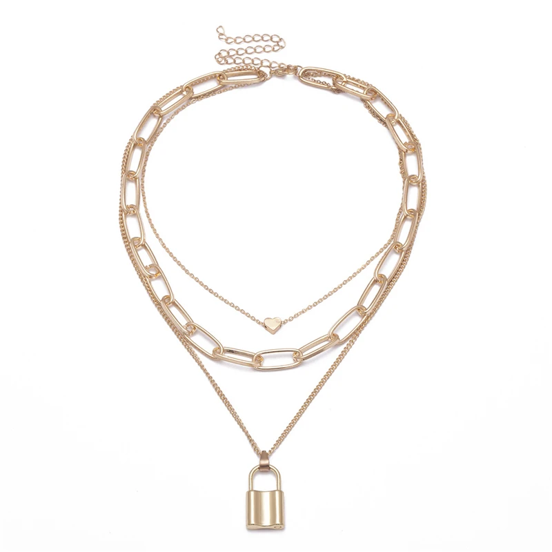 European and American Exaggerated Thick Chain Hip-Hop Retro Multi-layer Geometric Lock-Shaped Love Necklace Sexy Ladys 2021 | Украшения и