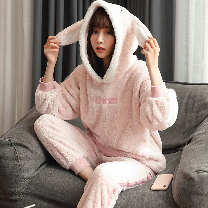 Женская пижама с милыми кроличьими ушками теплая зимняя из 2 частей утепленная