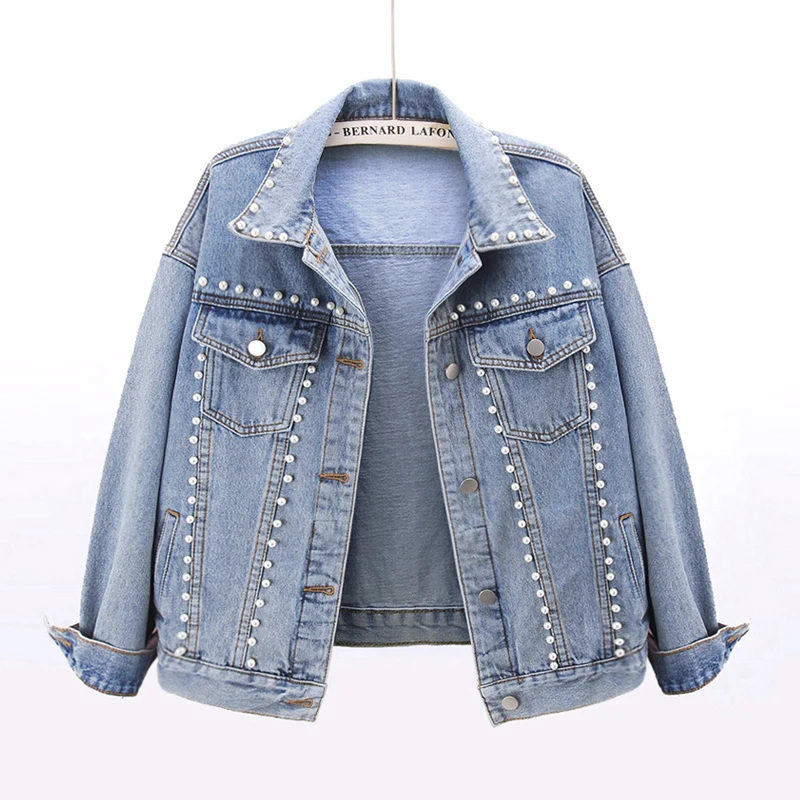 

Beading Blue Denim Jackets Women Spring Korean Student Outerwear Loose Vintage Washed Short Jeans Jacket Coat Female Streetwear