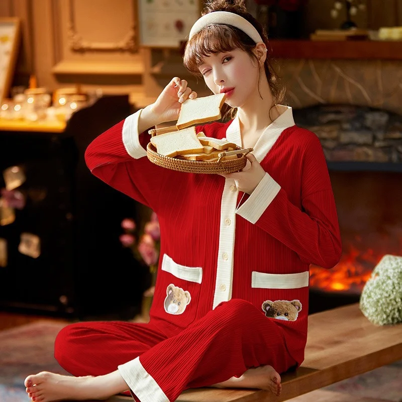 

Women's pajamas Solid Color Knitted Cotton Pijamas Cardigan V-neck Long-sleeved Cartoon Pyjamas Plus Size Home Service Sexy Pjs