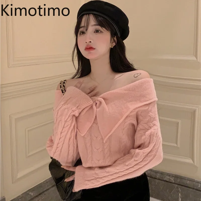 

Kimotimo Sweet Sweater Women Autumn Winter Gentle Bow Slash Neck Pullover Korean Chic Solid Slim Long Sleeve Twist Sweaters Ins