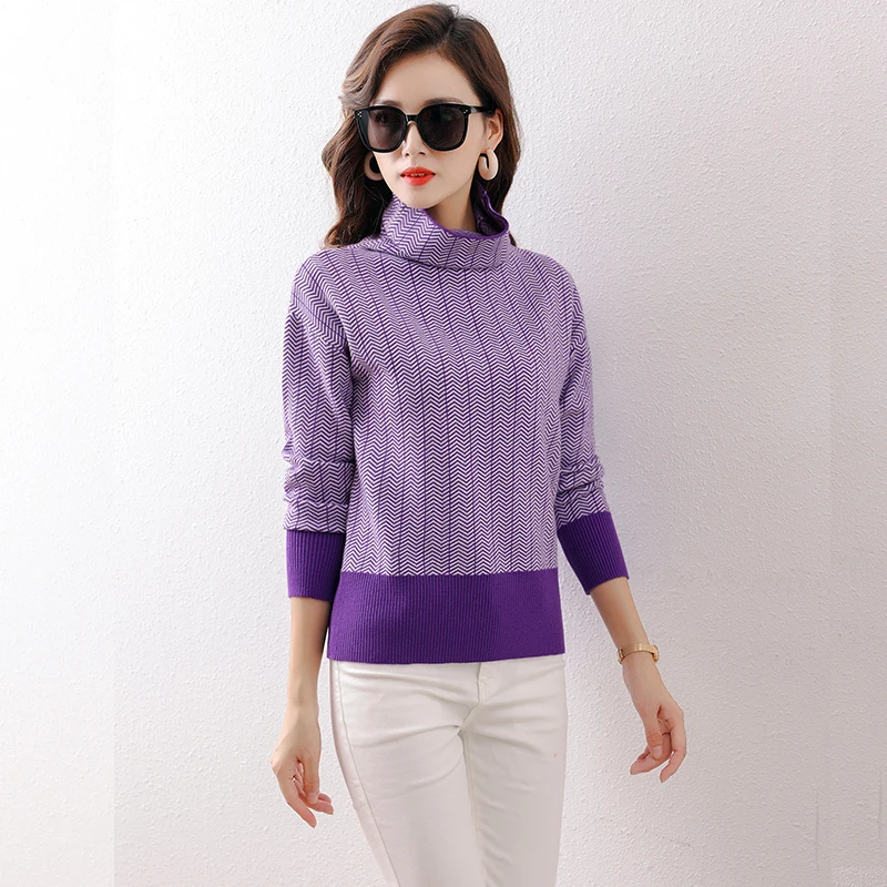 

New Elegant Fashion Women Autumn Winter Long Sleeve Sweater National Style Sweater Stacking Collar Striped Sweater