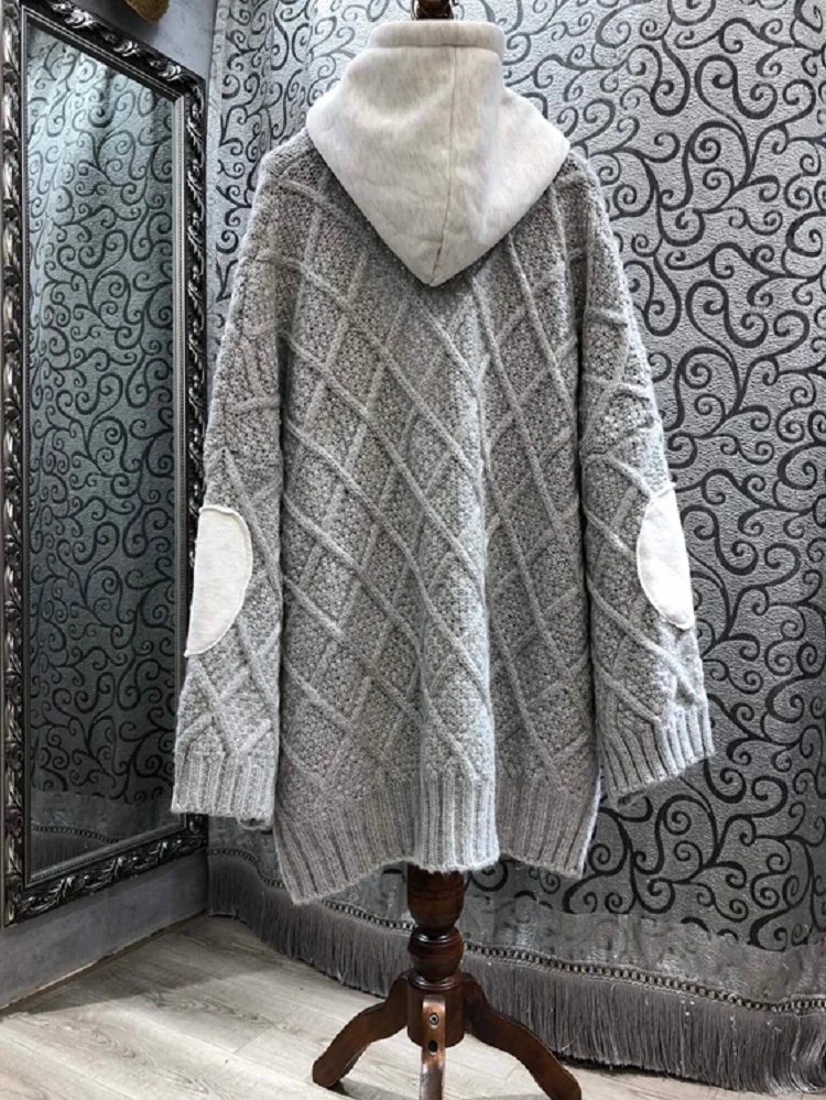 

Hoodies Coat 2020 Autumn Winter Casual Outwears Women Hooded Twist Knitting Pocket Patchwork Casual Loose Tops Coat Cardigans