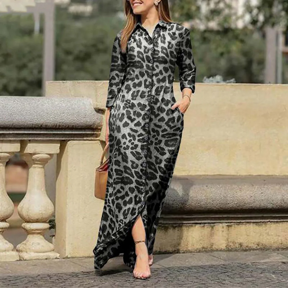 

Autumn New 2021 Womens Dress Fashion Temperament Western Style Leopard Casual Loose Single Breasted Lapel Long Sleeve