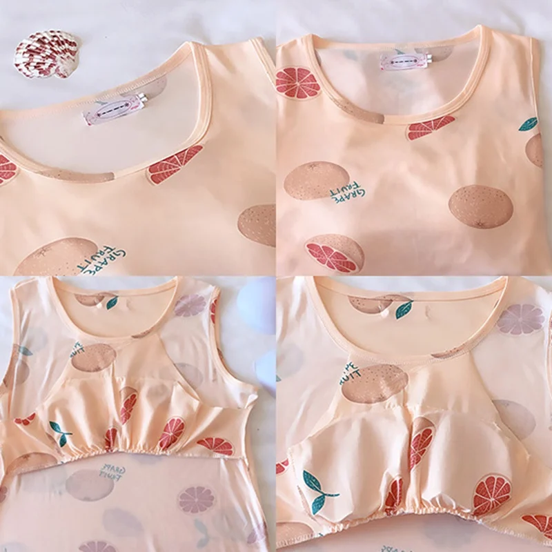 

Summer Sleep Dress Fresh Cartoon Print Round Neck Nightgown With Chest Pads Knee-Length Nightdress