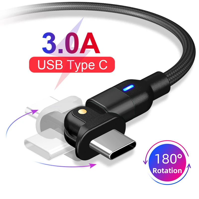 

180° Rotate LED 3A USB Type C Cable For Samsung S21 S20 Ultra S10 S9 Plus A50 A70 A51 A71 Mobile Phone Charge Wire USB C Cable