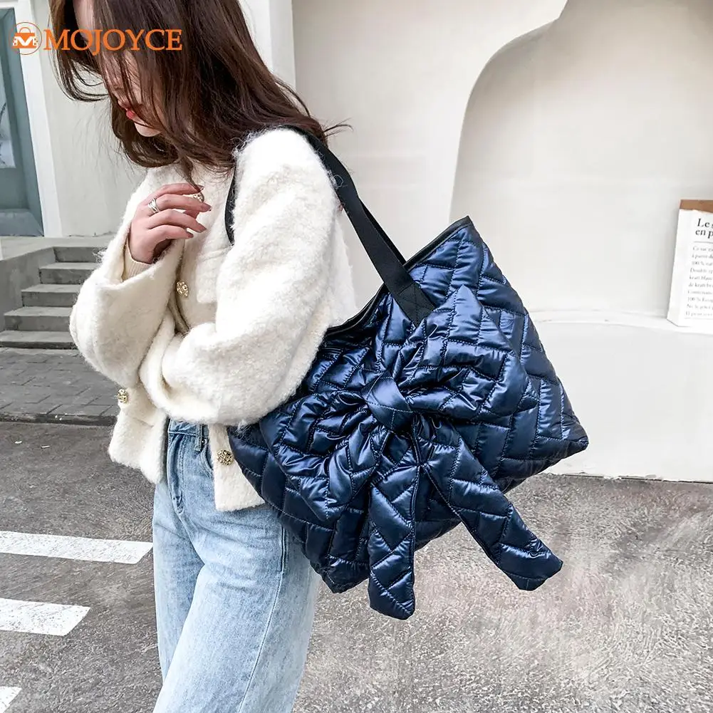 

Новинка 2021, Женская вместительная стеганая сумка через плечо с бантом, модные стеганые большие сумки для женщин, зимняя сумка-тоут, сумка дл...