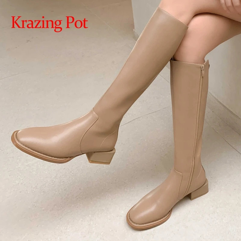 

Krazing pot big size French romantic genuine leather round toe med heel concise style gentlewomen elegant thigh high boots L35