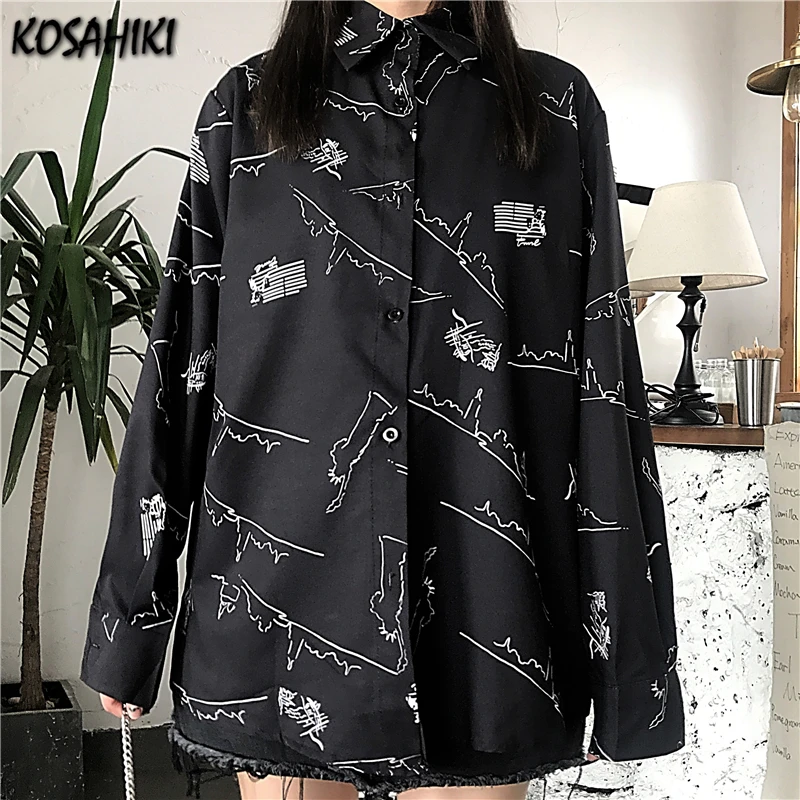

KOSAHIKI Black Shirt Fashion Streetwear Women Long Sleeve Loose Tops Blouse Female 2021 Summer Long Sleeve Blusa Camisas Mujer