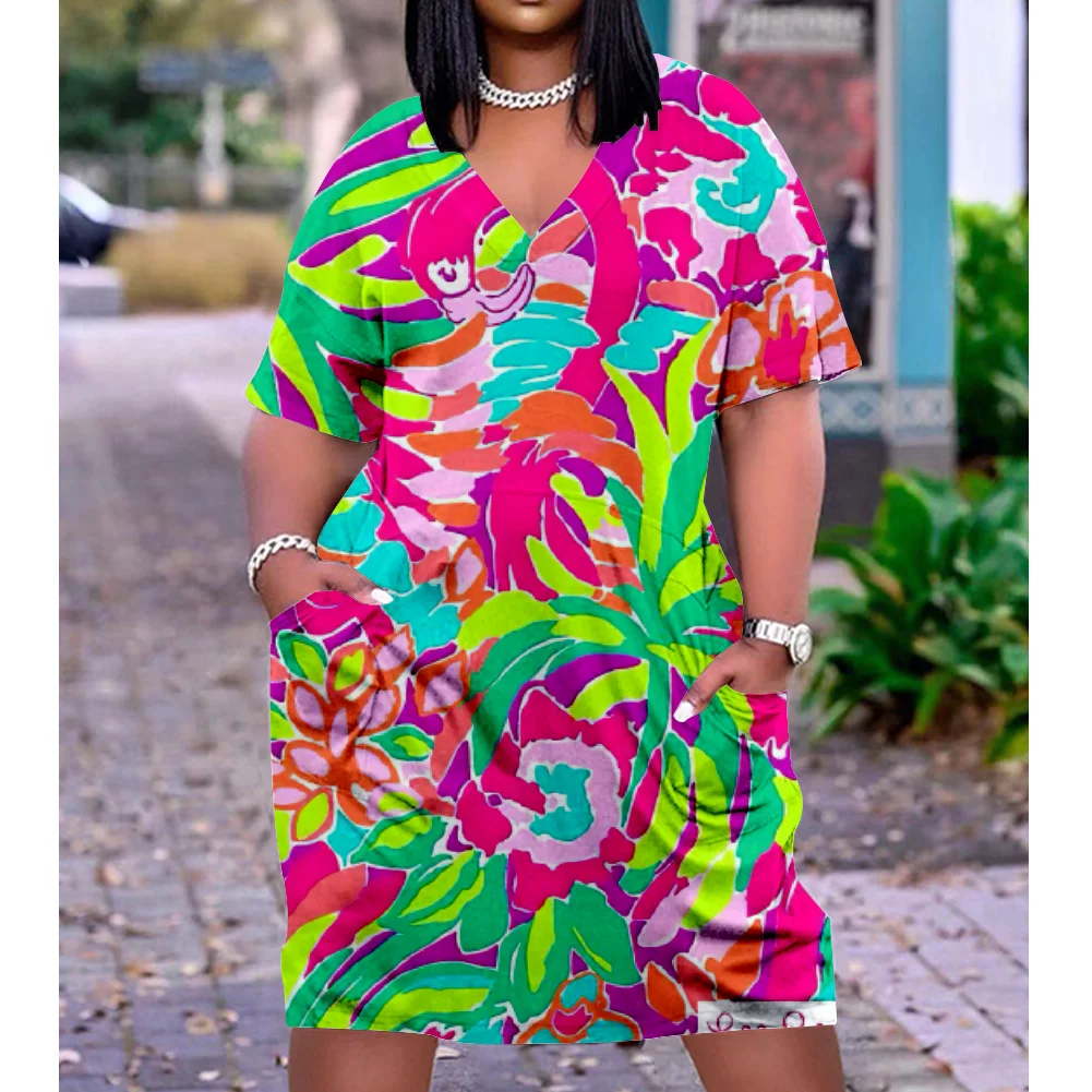 

2021 Hot Summer Trend Flowers 3D Printed Fashion Women Short Sleeve Dresses Sexy Girls Knee-length Boho V-Neck Loose Beachwear