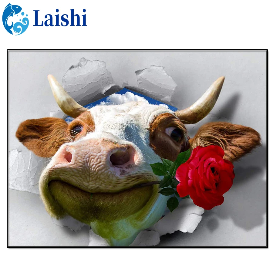 

3D Diy Doodle art cow with a rose in its mouth Diamond Painting Diamond Embroidered Rhinestone Picture Mosaic Home Decoration