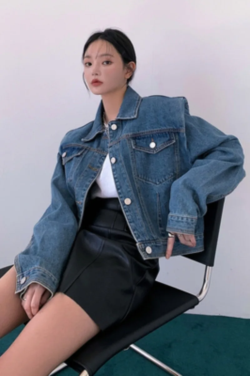 

Spring Retro Pleated Padded Shoulder Loose Denim Jacket Female Casual Style All-match Short Blue Coat for Women