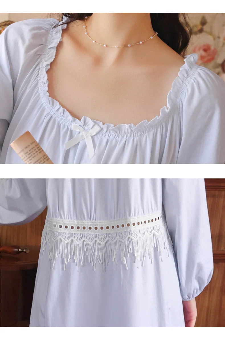 

Cotton Palace Style Retro Long-sleeved Nightdress Women Spring Sweet Princess Loose Homewear Can Outer Wear Lace Hollow Camison