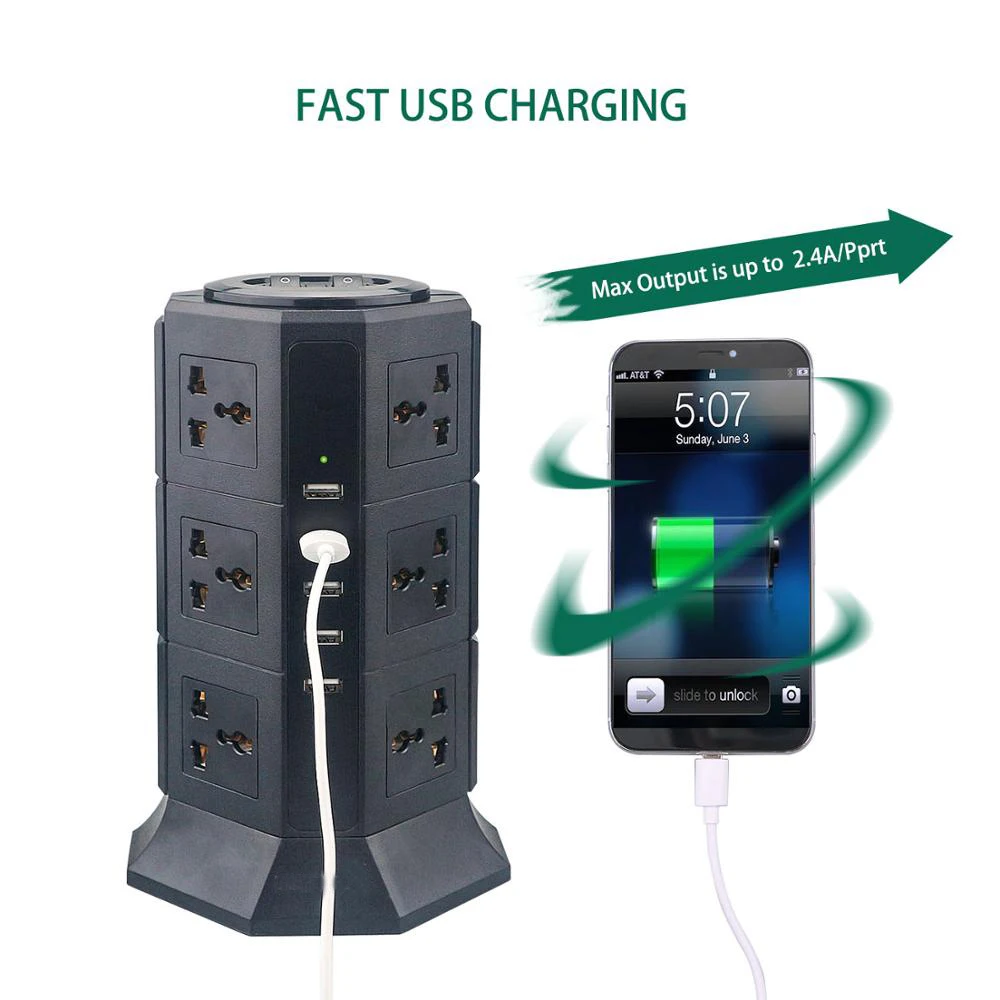 Вертикальная USB лента питания 8/12 EU/UK/US/AU, универсальные розетки с usb-зарядным устройством, защита от перенапряжения 6,6 фута/2 м, удлинитель