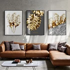 Скандинавский постер с золотыми абстрактными листьями и цветами, Картина на холсте, настенное украшение, роспись, современный Декор для дома, гостиной