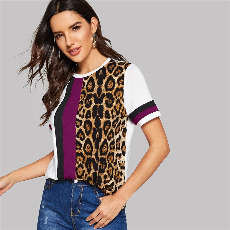 SHEIN Color Block Cut-and-Sew Leopard Panel Top Short Sleeve O-Neck Casual T Shirt Women Summer Leisure Ladies Tshirt Tops