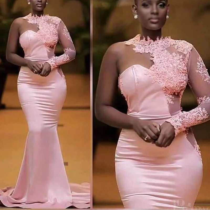

vestido de gala 2022 Pink Lace One Shoulder Long Sleeve Mermaid Prom Dresses Custom Made Long Evening Gowns Arabic Vintage