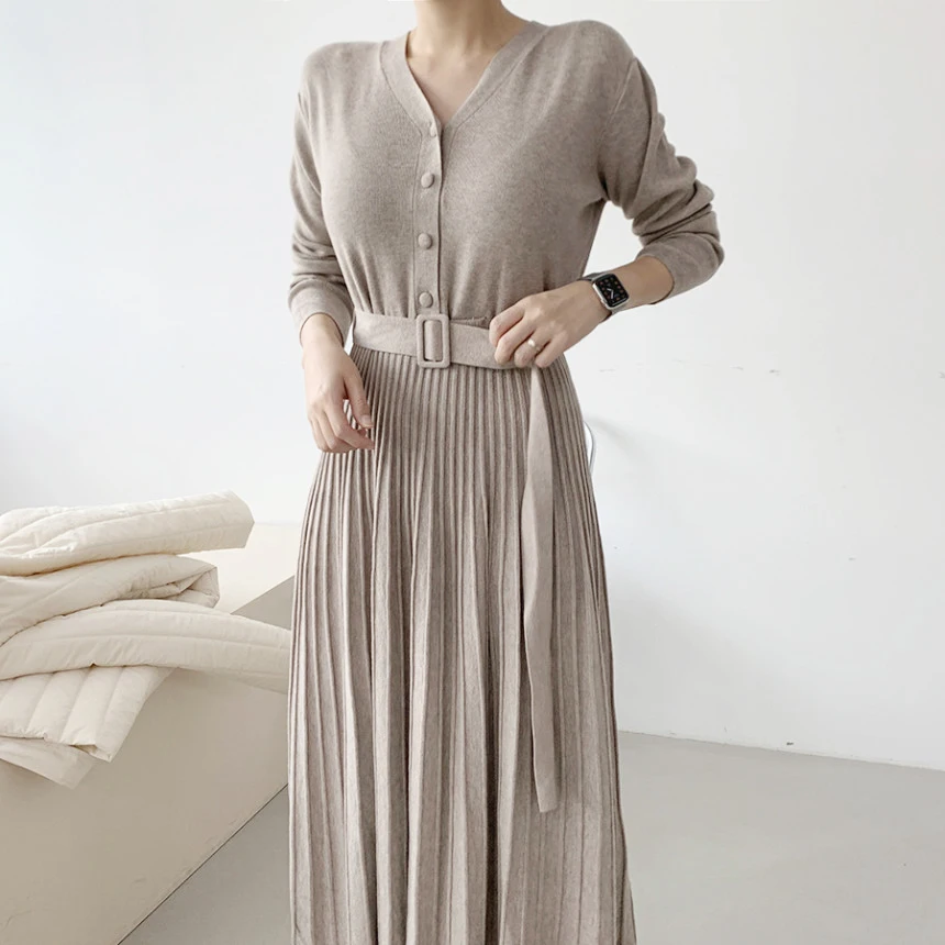 

Elegant V-neck Pleated Women Sweater Dress Fall Winter 2021 Single-breasted Knitted Belted Bandage Dresses Female A-line Vestido