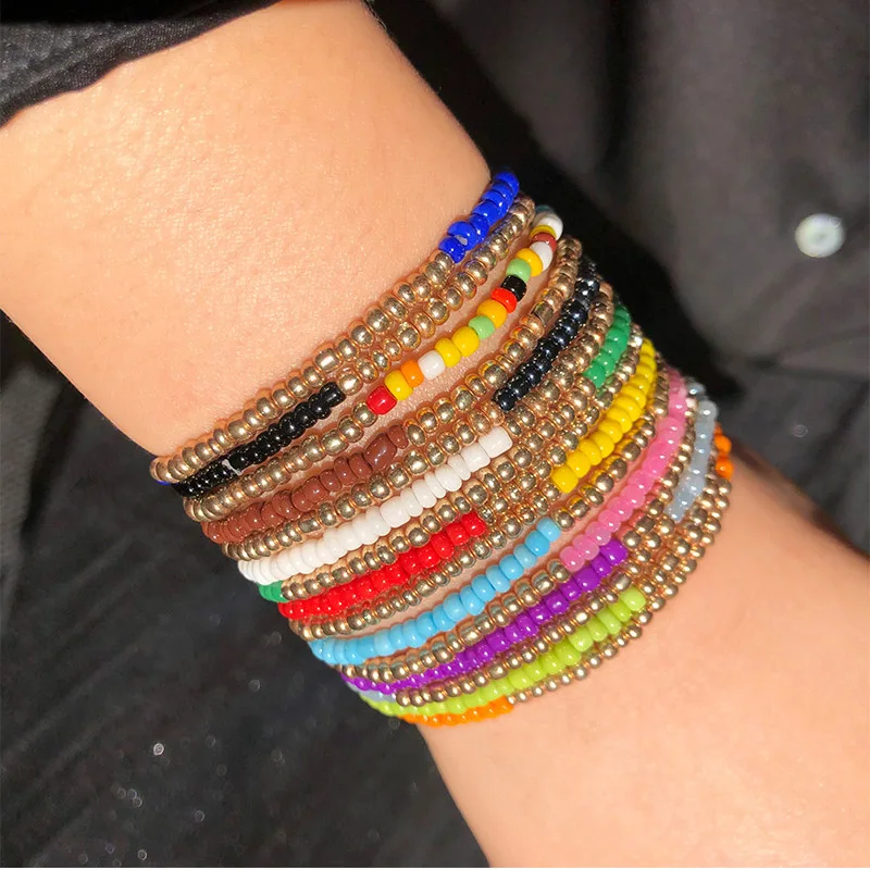 5pcs/set Bohemian Multilayer Colorful Beaded Bracelets for Women Charm Elastic Handmade Bracelet Friendship Gift Jewelry Anime