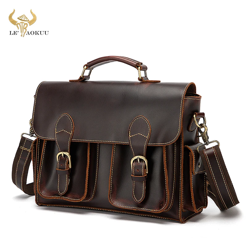 Men Thick Cow Leather Vintage Design Travel Business Executive Briefcase Laptop Case Shoulder Messenger Bag Portfolio Tote 2201
