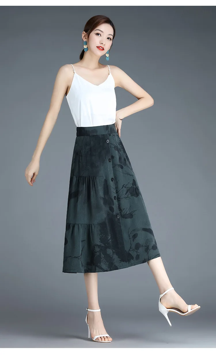 

Skirts Womens High Waist Plus Size Loose Big Swing Vintage Print Mid-long A-line Skirt Female Elegant Fashion Casual Skirts 5062