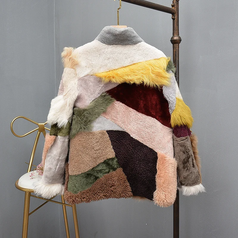

Natural real sheep coat genuine leather sheepskin coats clothing multicolor wool fur jacket o-neck parka thick warm