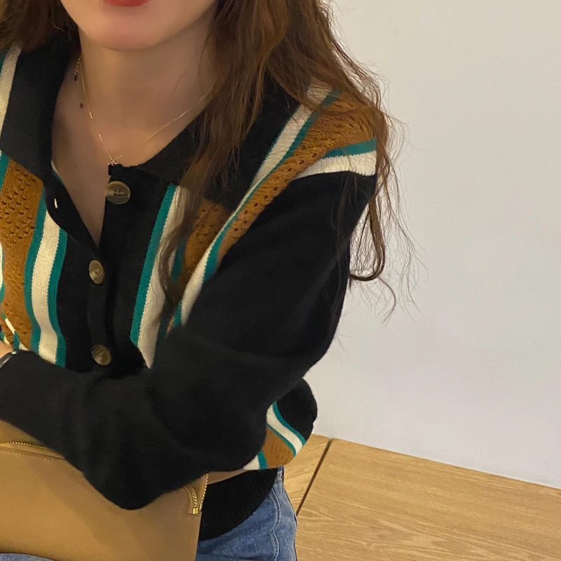 

Spring 2021 Korean Style Ins Retro Color Stitching Turnover Neck Sweater Coat Women's Fashionable New All-Matching Loose Knitted