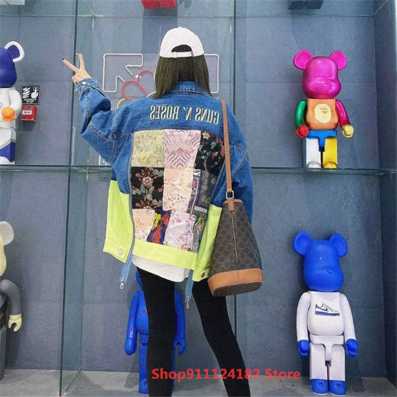 

New Hot Sale Spring New National Style Loose Large Size Satin Pattern Stitching Denim Cardigan Lapel Long Sleeve Jacket Women