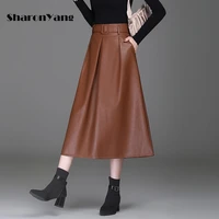 autumn winter faux pu leather mid long skirts with belt high waist elegant lady a line pocket chic umbrella skirts plus size