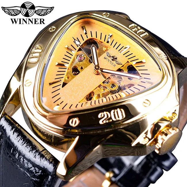 

Часы наручные мужские автоматические, брендовые роскошные механические золотистые треугольные часы-скелетоны с большим циферблатом