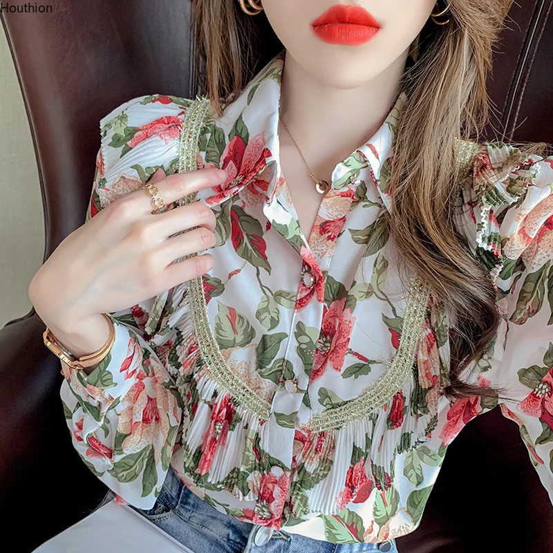 

Women's Blouses Chiffon Polo Shirt Shirts Slim Print Fashion Top Lady Floral Casual Blouse Long Sleeve Tops Buttons Houthion