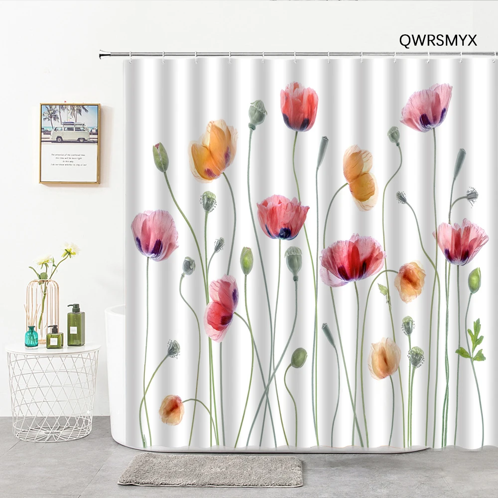 

Simple Flowers Aesthetic Shower Curtain Modern Watercolor Plants Bathroom Curtain With Hooks Curtains For Kitchen Art Home Decor
