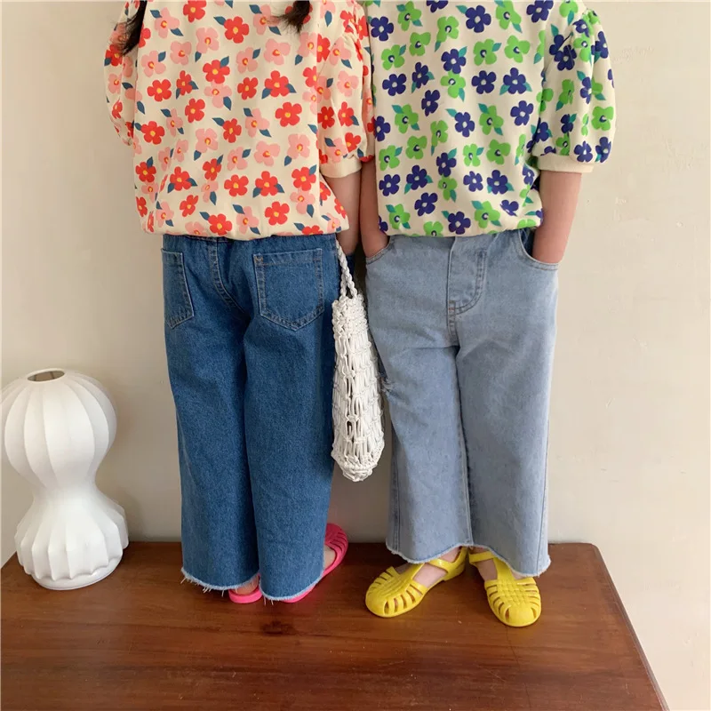 2021 корейские новые детские брюки, прямые рваные джинсы, однотонные свободные брюки для девочек, простая повседневная детская одежда от AliExpress WW