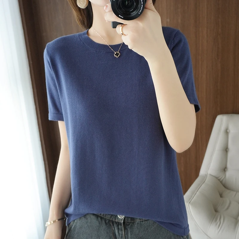 

100%Cotton Thread Knit Short-Sleeved Wild Women's Plus Size T-Shirt Summer 2021 New Round Neck Loose Pure Cotton Top Half Sleeve