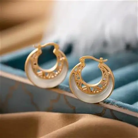 

S925 Sterling Silver Gilding Korean Silver Jewelry Earring Ear Clip Hetian Jade Niche Personality Simple Hollow Moon Studs