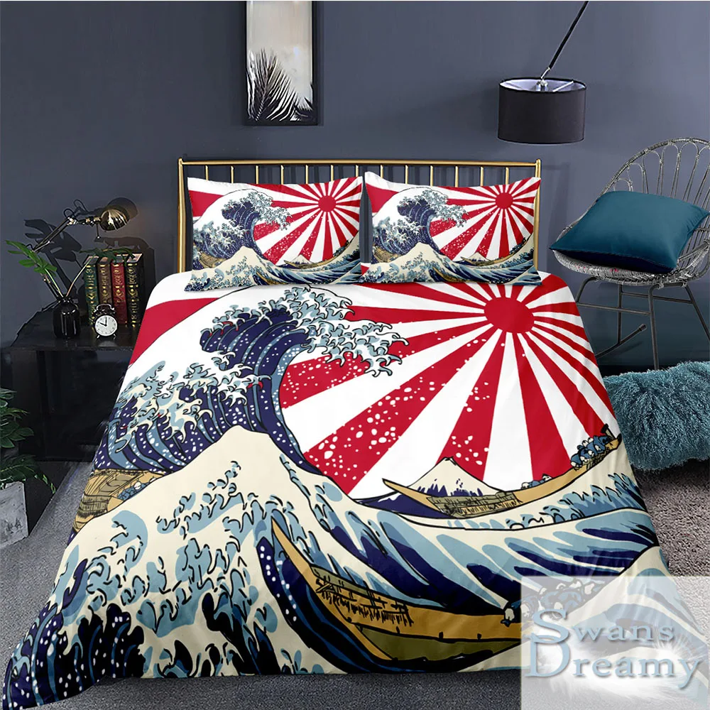 

3D Japanese Wave Bedding Set Single King Size Duvet Cover with Pillowcase For Home For Adults Kids Double Bed Set Home textiles