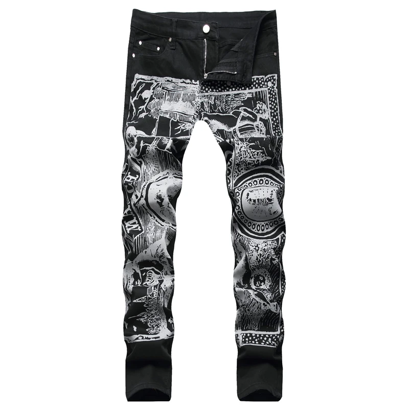 

Men's Color Printed Black Trousers Youth Skinny Jeans