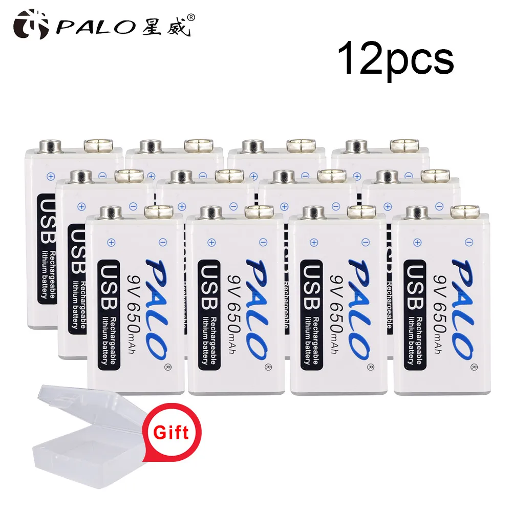 PALO 9V USB перезаряжаемые литиевые батареи батарея 650mah 9v bateria usb для рации Домашний Массажер металлический обнаружитель - Цвет: 12pcs