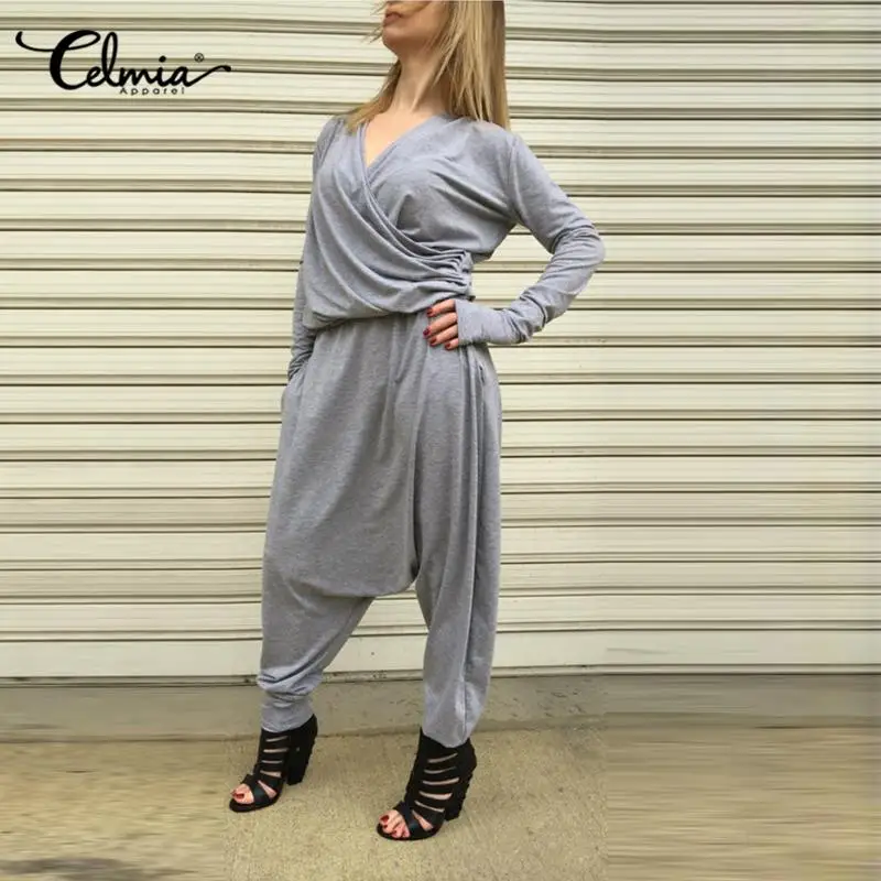 Длинные женские комбинезоны с длинным рукавом и v-образным вырезом мешковатые