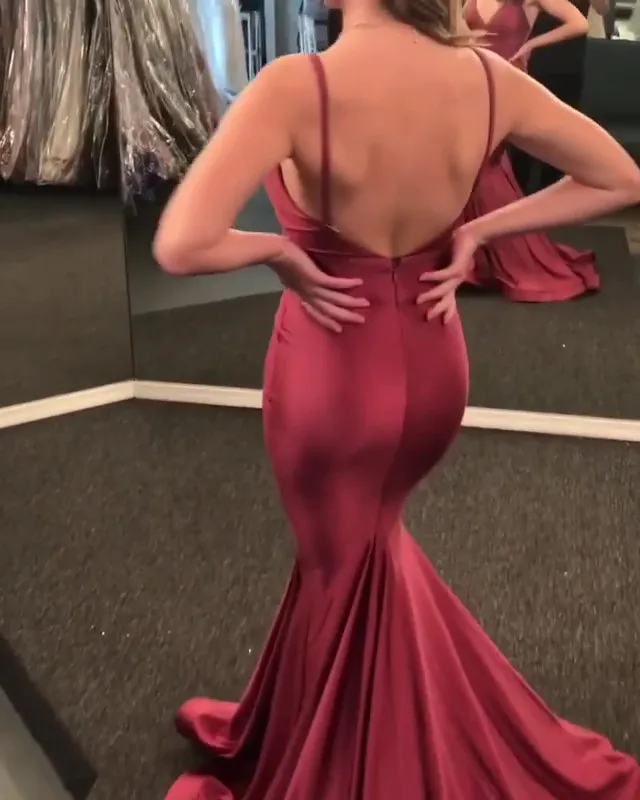 

Charming Mermaid Spaghetti Straps Evening Dress Satin Backless Floor Length Formal Party Evening Dresses