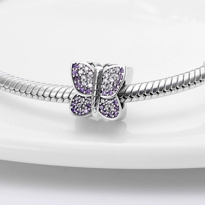 

HOT SALE 925 Sterling Silver Stone-Studded Butterfly Dangle Charm Beads Fit Original Pandora Bracelet Pendant Necklace Jewelry