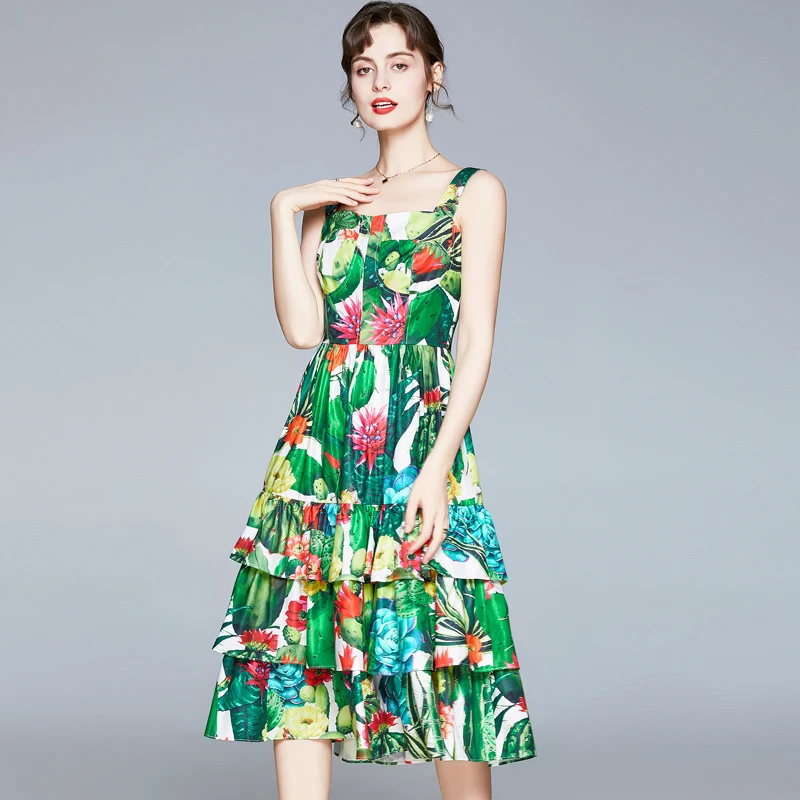 

Женское платье с каскадными оборками, дизайнерское зеленое платье в стиле бохо с принтом кактуса, на бретелях, Пляжное праздничное платье м...