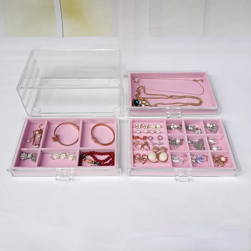 

Transparent Dustproof Three-layer Jewelry Storage Box Necklace Earrings Ring Display Stand Flannel Cosmetic Organizer Tray