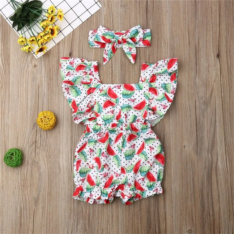 

Newborn Baby Girls Summer Rompers Jumpsuits Clothes set Fly sleeve Ruffles Print Lovely Playsuit Headband Sunsuit Outfits 2pcs