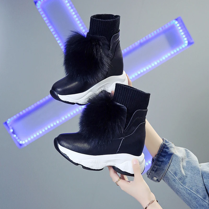 Women Winter Boots 2019 Warm Fur Snow 8CM Heels Sneakers Plush Comfortable Thick Bottom Short Sock Woman Botas Mujer |
