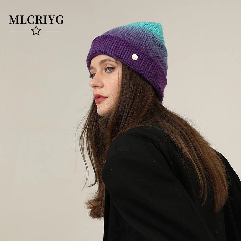 

2021 Tie-dye Winter Beanie Hat For Women Knitted Beanie Thick Warm Hats Colorful Skullies Cap Autumn Fur Hat For Female Vogue
