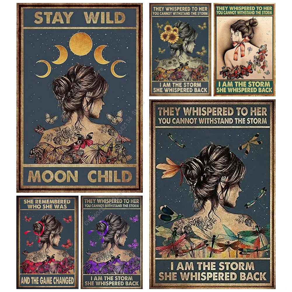 

Metal Poster Depict Woman Butterfly Flower Storm Tin Signs for Study Entrance Cabinet Door Wall Art Painting Decor Plates Plaque