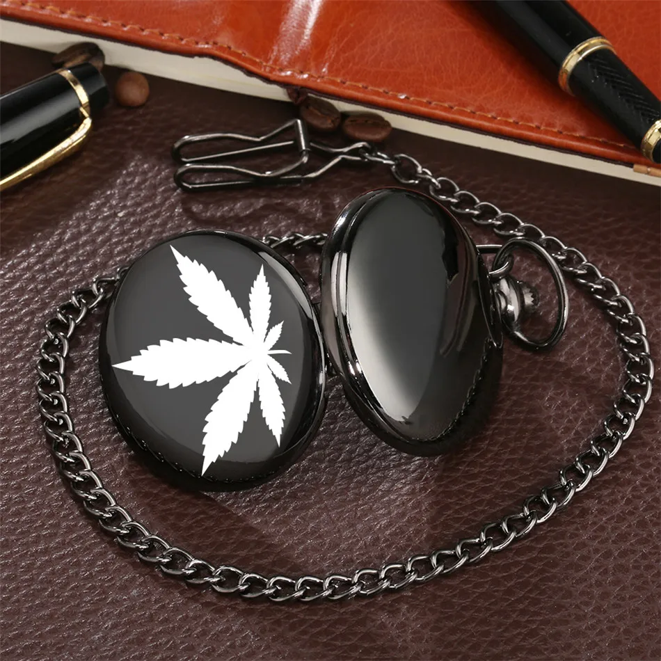 Pocket Watch Maple Leaf Design Smooth Black Quartz Pendant Clock Gifts for Men Women | Наручные часы
